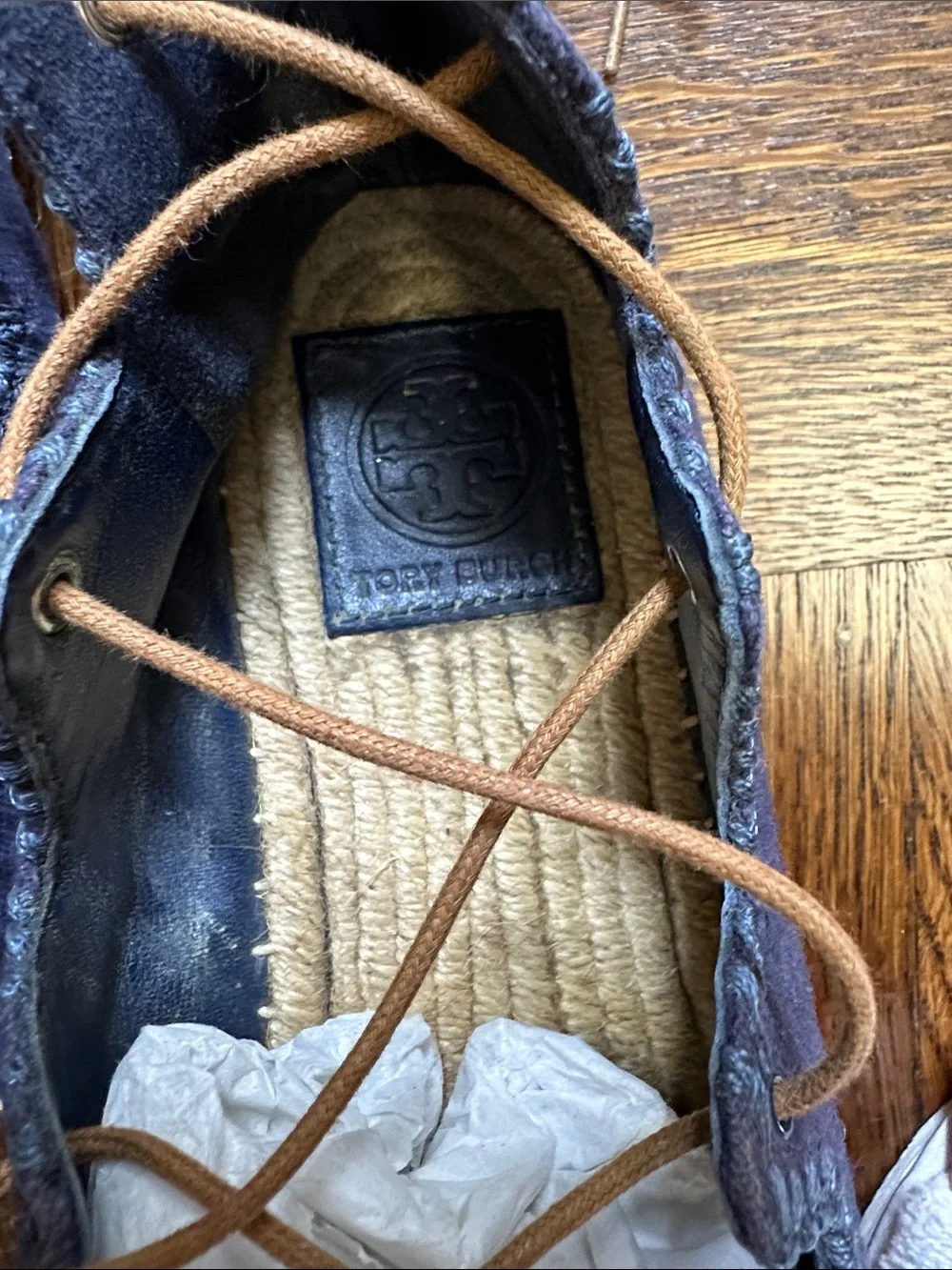Tory Burch Navy Canvas Lace-Up Espadrille Flats with Tan Laces